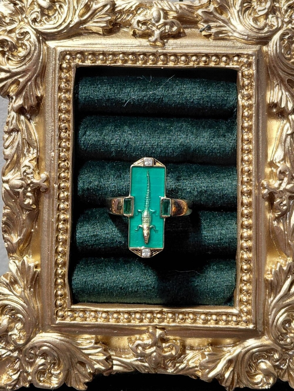 Gold Ring with Turquoise Green Inlay and Cross Accent - Picture 12 of 14